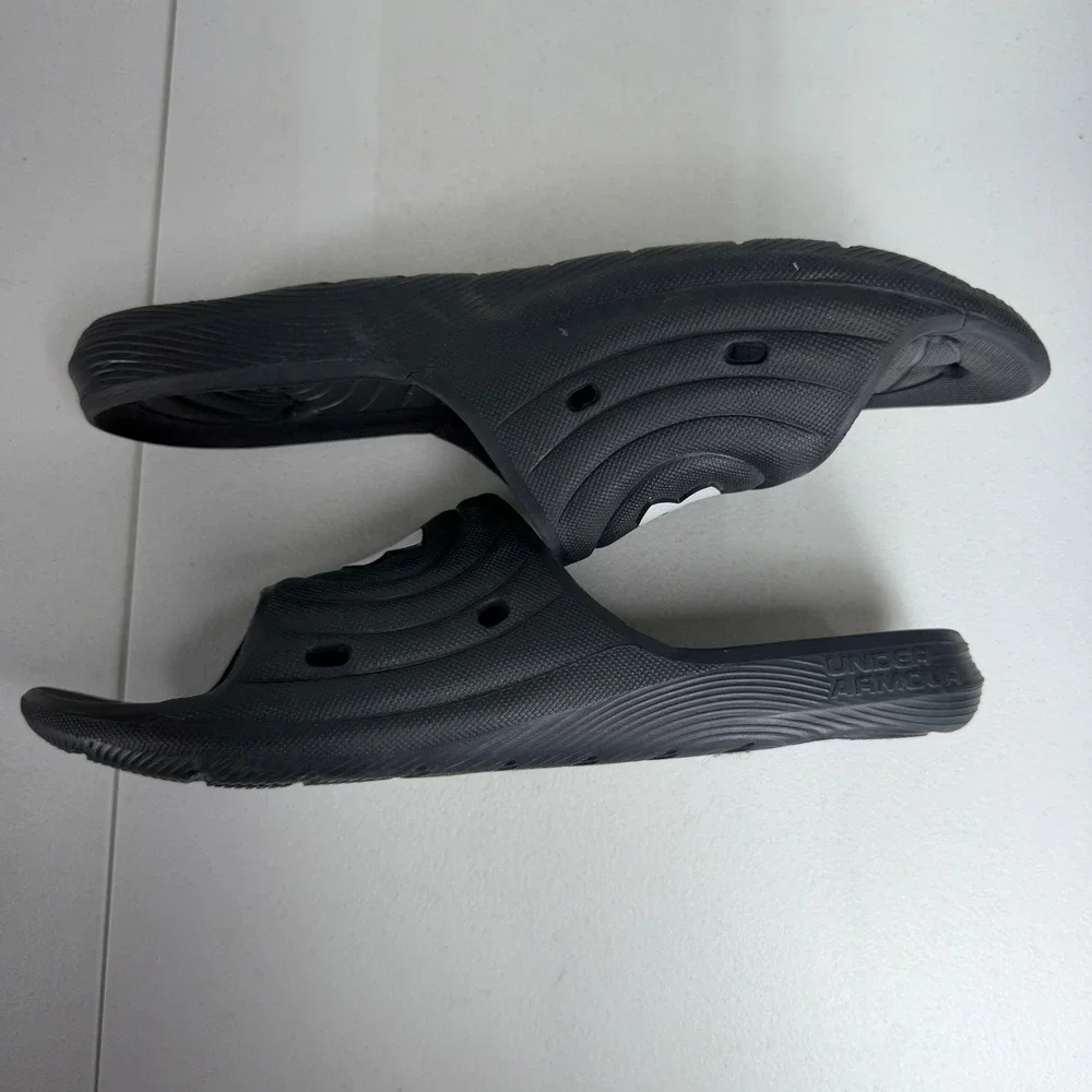 Under Armour Size 12 Slide Locker IV Black White Athletic Pool Gym Sandals